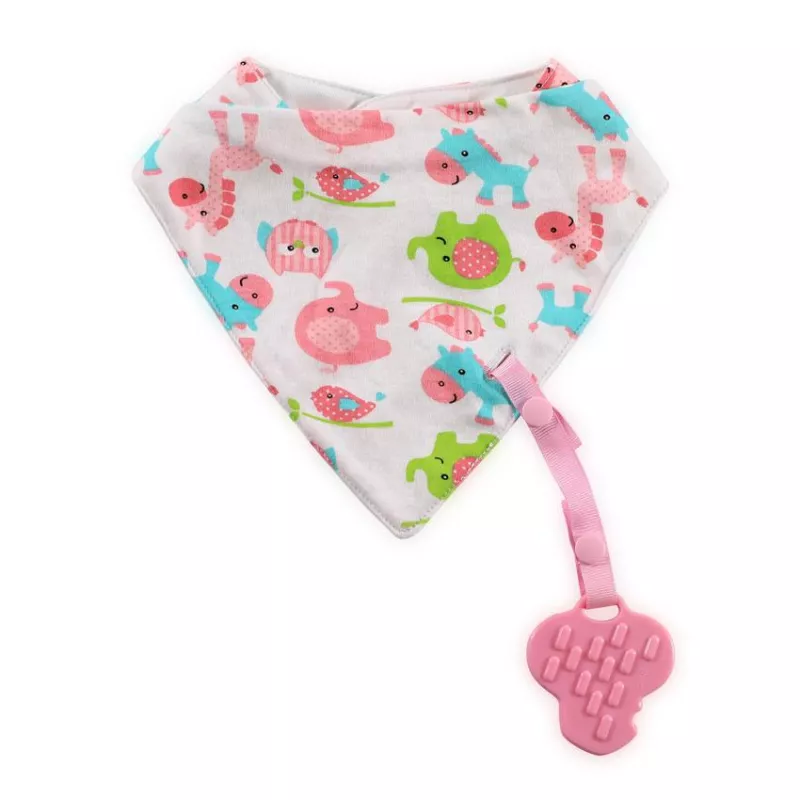 Baveta tip bandana, cu snur si jucarie dentitie, bumbac, Pink 5