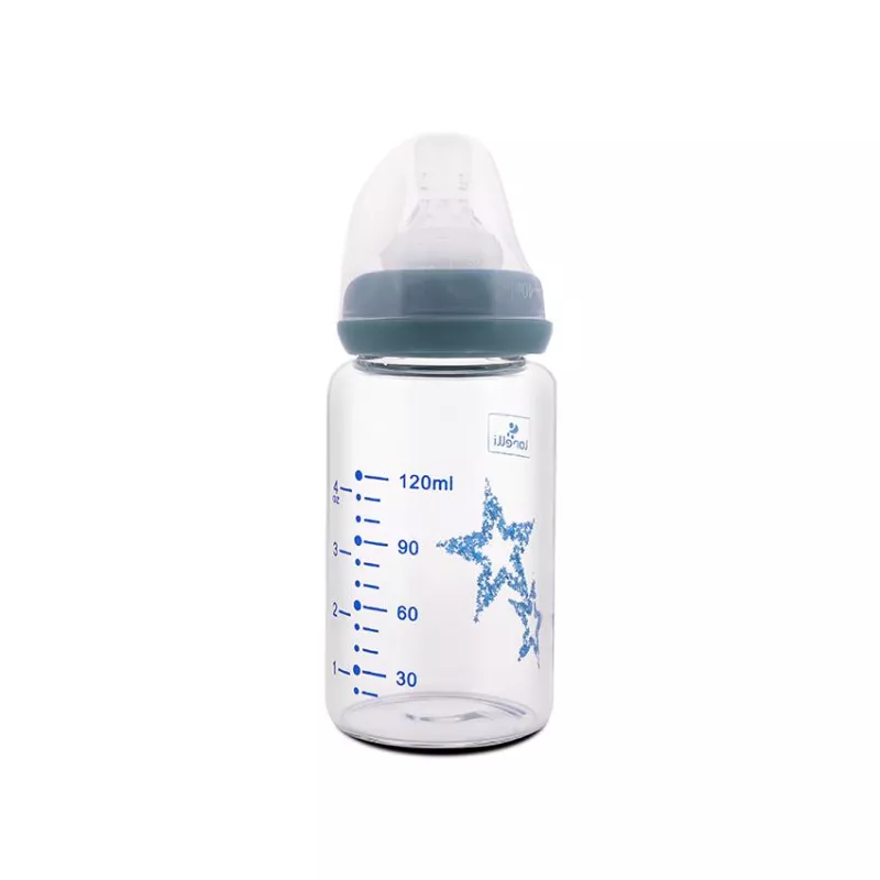 Biberon din sticla cu tetina anticolici, 120 ml, Blue 2