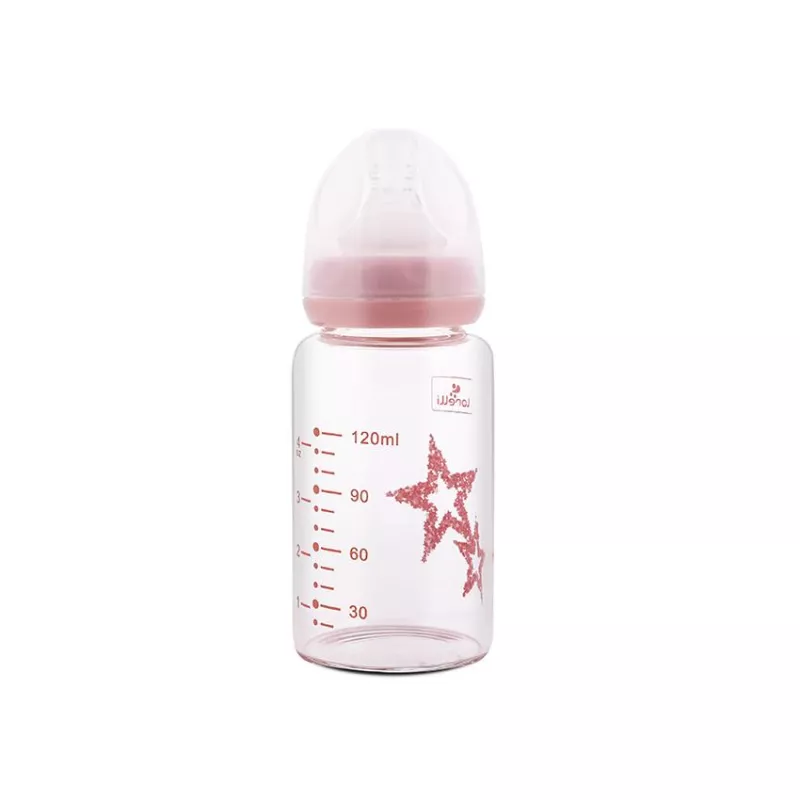 Biberon din sticla cu tetina anticolici, 120 ml, Pink 2