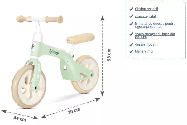 Bicicleta de tranzitie pentru copii, Spider, fara pedale, roti mari, Mint 3