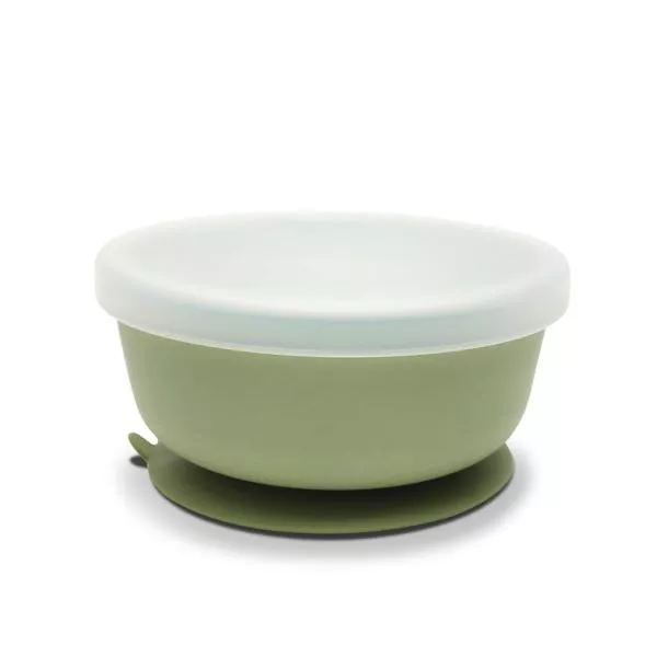 Bol de hranire cu capac, din silicon natural, cu ventuza, 6 luni+, Fresh Green 1