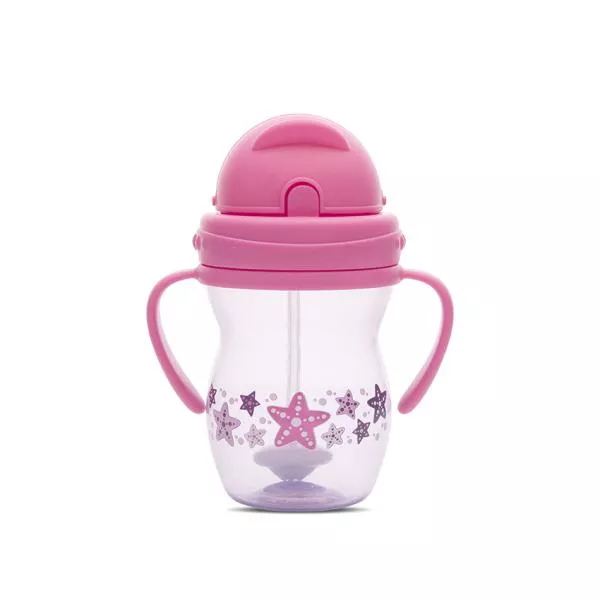Cana cu manere si pai, anti-varsare, potrivita pentru calatorii, 12 luni+, 275 ml, Pink Purple 1
