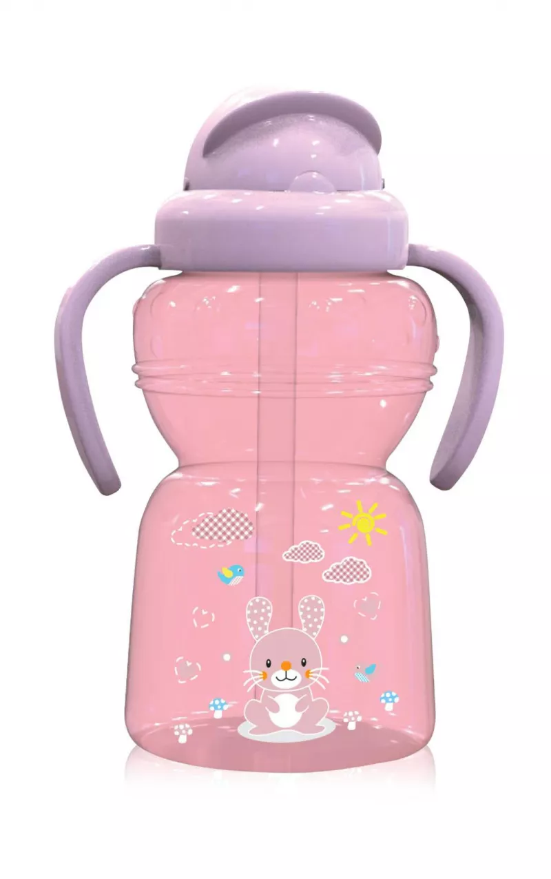 Biberon sport cu pai si manere 325 ml Animalute, Pink 1