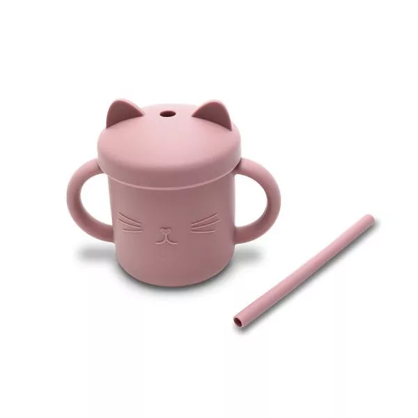 Canuta cu manere si pai, din silicon natural, 9 luni+, Pink 2