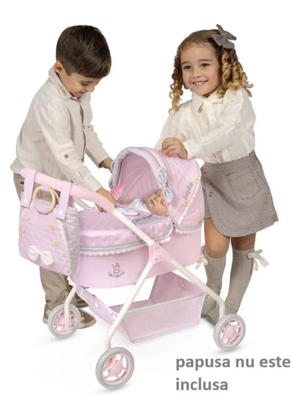 Carucior clasic pentru papusi, design compact, saltea inclusa, ideal pentru copii mici, colectia Sophie, Roz 3