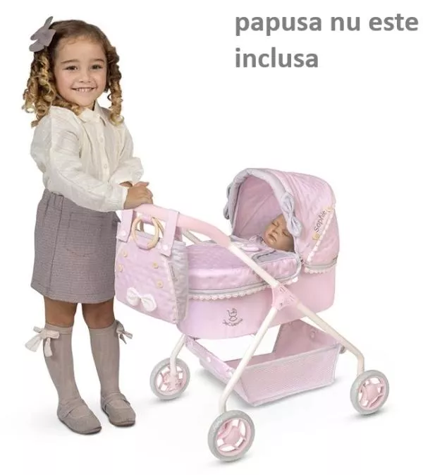 Carucior clasic pentru papusi, design compact, saltea inclusa, ideal pentru copii mici, colectia Sophie, Roz 4