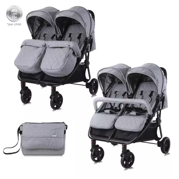 Carucior Duo, pentru gemeni, de la 0 luni pana la 3 ani, maxim 30 kg, husa de vreme rece, Cool Gri 1