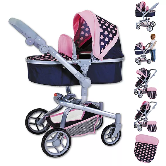 Carucior landou pentru papusi, Knorr Toys, Boonk, reglabil si transformabil, 59 x 42 x 80 cm, 3 Ani+, Pink Hearts 12