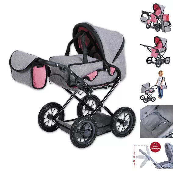 Carucior landou pentru papusi, Knorr Toys, Ruby, reglabil si transformabil, 51 x 37 x 64 cm, 3 Ani+, Jeans Grey 5