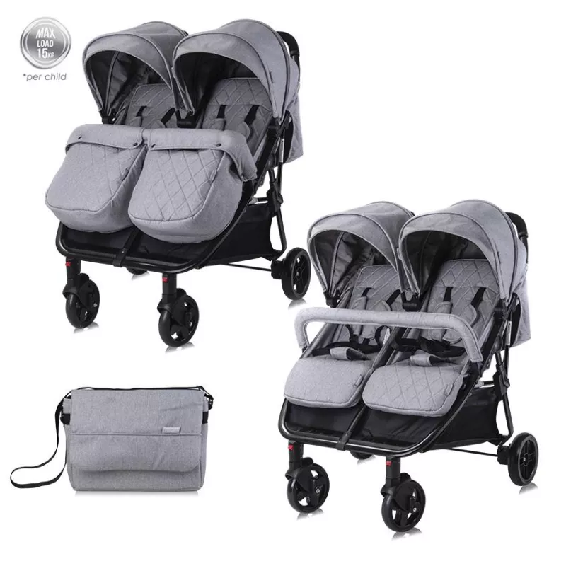 Carucior Duo, pentru gemeni, de la 0 luni pana la 3 ani, maxim 30 kg, husa de vreme rece, Cool Gri 1