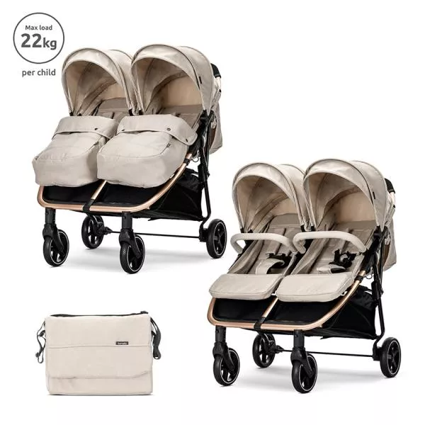 Carucior pentru gemeni, Duo, pana la 22 kg per copil, cadru din aluminiu, spatar reglabil pozitii multiple, geanta pentru mama inclusa, Beige 1