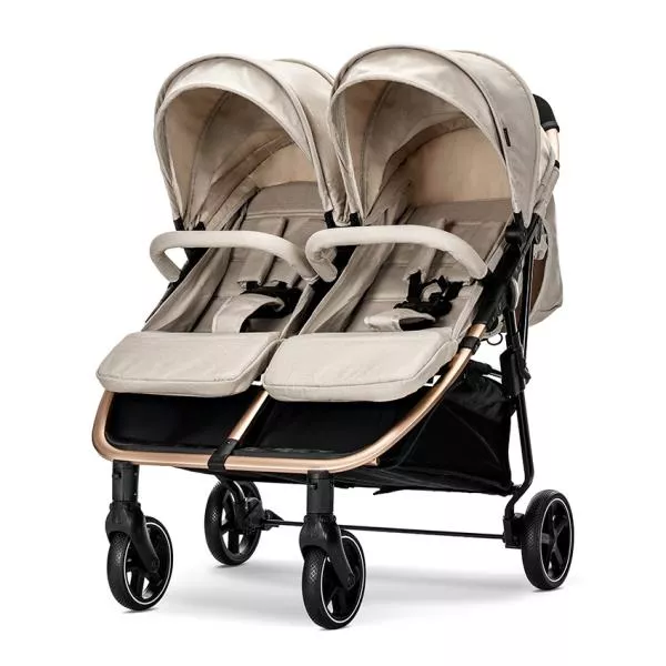 Carucior pentru gemeni, Duo, pana la 22 kg per copil, cadru din aluminiu, spatar reglabil pozitii multiple, geanta pentru mama inclusa, Beige 2
