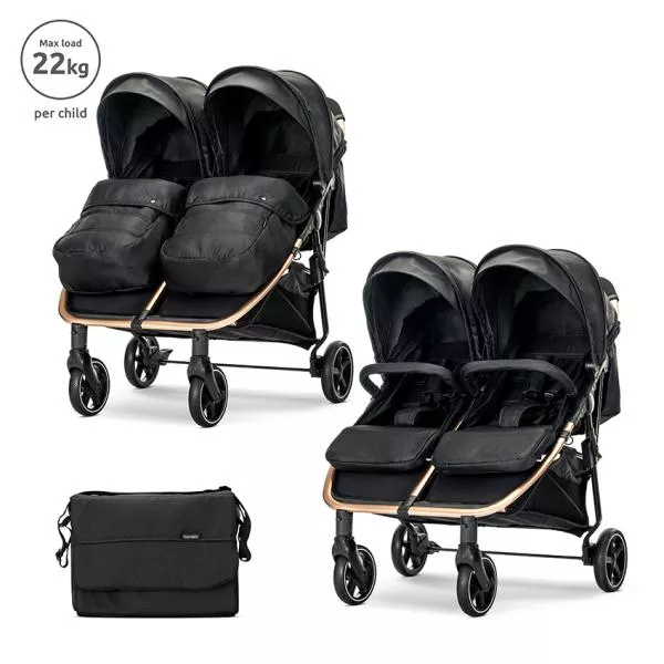 Carucior pentru gemeni, Duo, pana la 22 kg per copil, cadru din aluminiu, spatar reglabil pozitii multiple, geanta pentru mama inclusa, Black 1