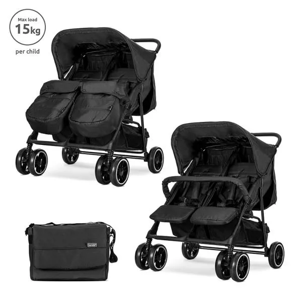 Carucior pentru gemeni, Twin, reglabil individual, pana la 15 kg per copil, geanta pentru mama inclusa,  Black 1