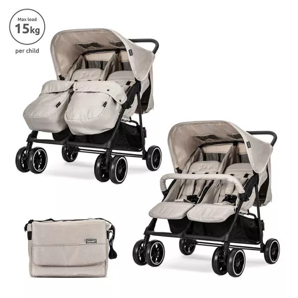 Carucior pentru gemeni, Twin, reglabil individual, pana la 15 kg per copil, geanta pentru mama inclusa,  Beige 1