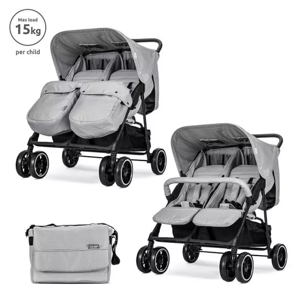 Carucior pentru gemeni, Twin, reglabil individual, pana la 15 kg per copil, geanta pentru mama inclusa, Grey 1