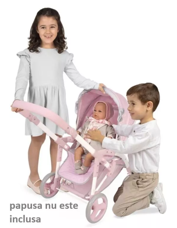Carucior pentru papusi 3 in 1, contine landou, parte sport, port-bebe, geanta, maner reglabil, colectia Sophie, Roz 2