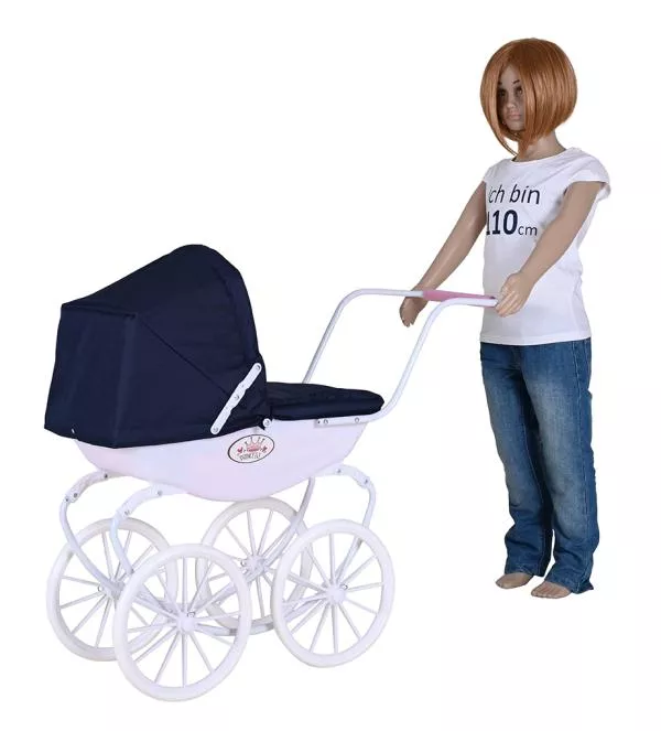 Carucior retro pentru papusi, Knorr Toys, Classic, copertina reglabila, include lenjerie asortata, husa de picioare, 80 x 31 x 71 cm, 3 Ani+, Navy Blue Rose Princess 4