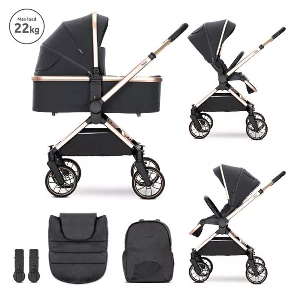 Carucior Set 2 in 1, Reya, cos individual cu maner de transport, maner si sezut reversibile, pana la 22 kg, Black 1