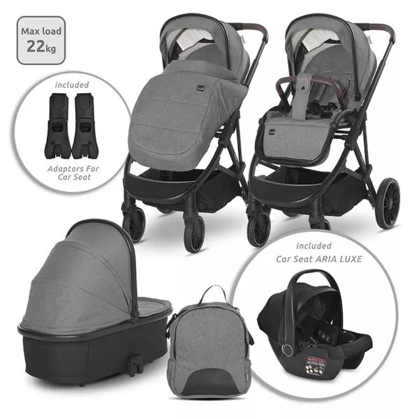 Carucior Set 3 in 1, Aria, cosulet auto Aria Luxe 40-87 cm inclus, multiple accesorii, Grey 1