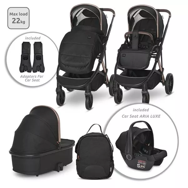 Carucior Set 3 in 1, Aria, cosulet auto Aria Luxe 40-87 cm inclus, multiple accesorii, Black 1