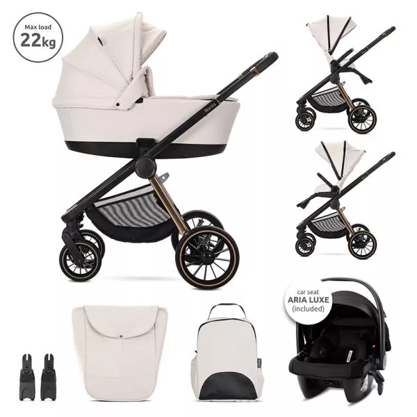 Carucior Set 3 in 1, Bianca, cos landou individual, cosulet auto Aria Luxe inclus, cadru din aluminiu, pana la 22 kg, Beige Latte 1