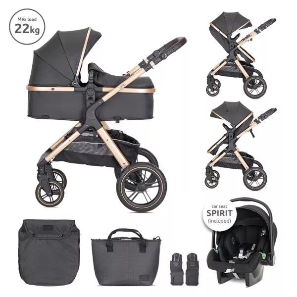 Carucior Set 3 in1, Viola, cos auto Spirit inclus, transformabil, sezut reversibil,  pana la 22 kg, Black 1