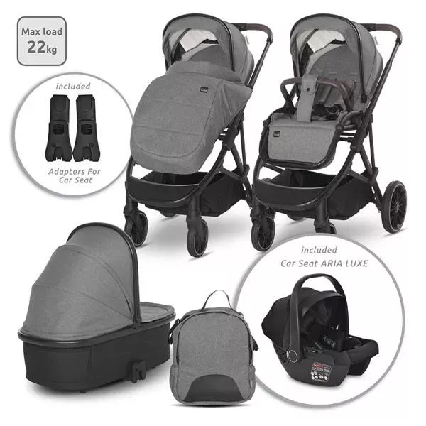 Carucior set 3in1,  Aria, cosulet auto Aria Luxe 40-87 cm inclus, Grey 1