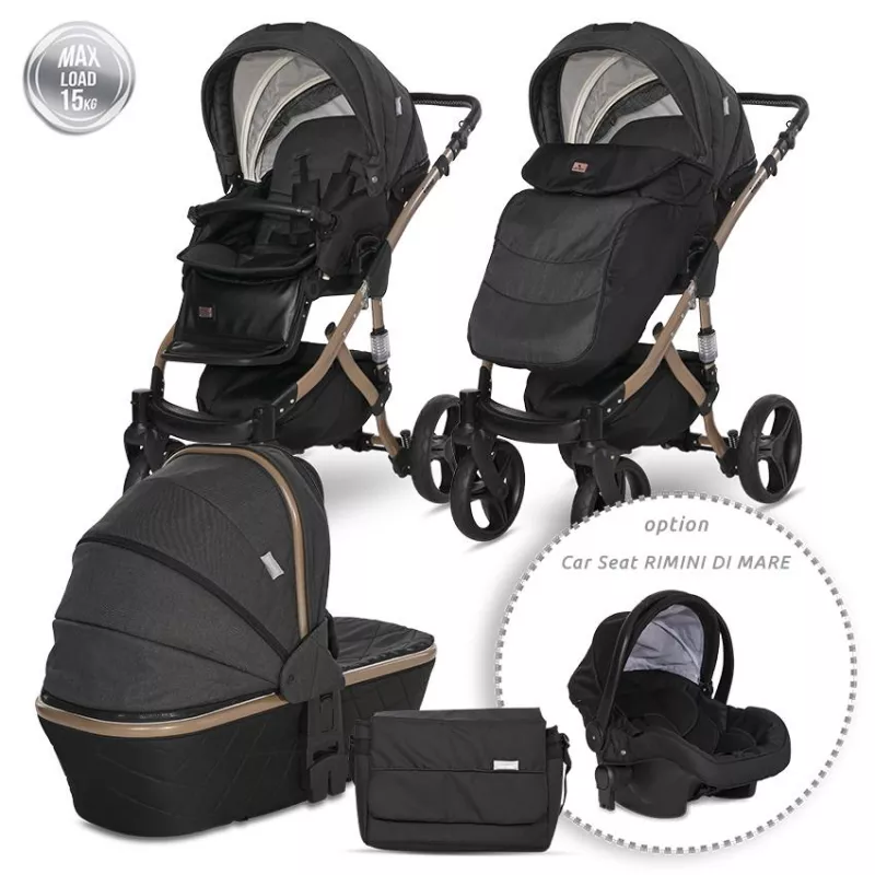 Carucior set Rimini Premium, landou separat, sezut reversibil, cadru din aluminiu, cos auto optional, Negru 1
