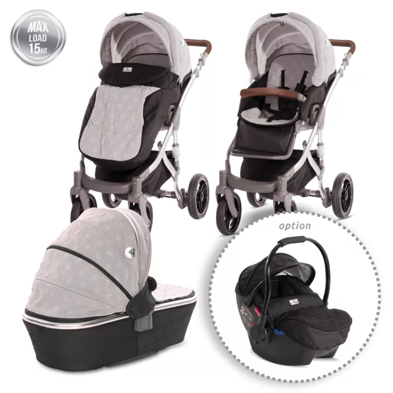 Carucior set Rimini Premium, landou separat, sezut reversibil, cadru din aluminiu, cos auto optionalt, Cool Gri cu Stelute 1