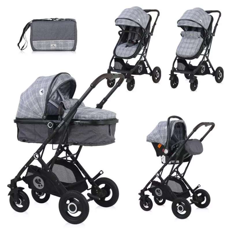 Carucior Set, Sena, landou transformabil, cos auto inclus, cadru din aluminiu, Grey Squared 1