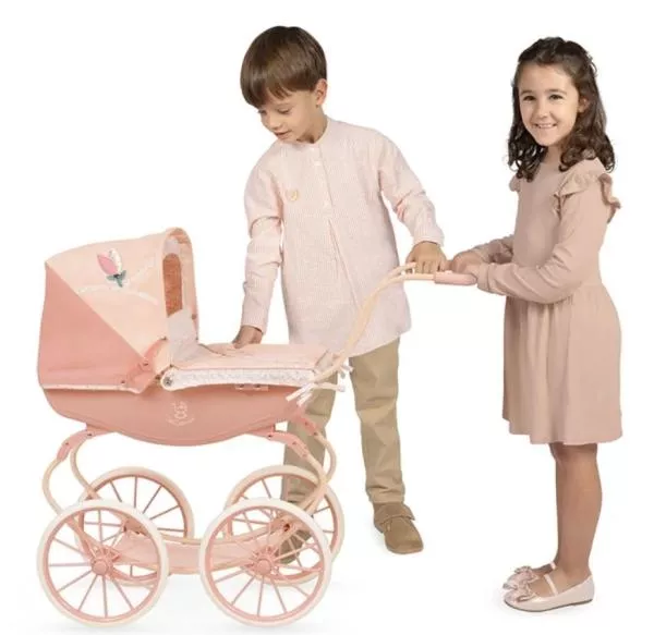 Carucior tip landou pentru papusi, stil vintage, cadru metalic si material textil, saltea inclusa, colectia Tulipe, Roz 2