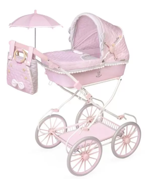 Carucior tip landou pentru papusi, stil vintage, cu accesorii complete si maner reglabil, colectia Sophie, Roz 1