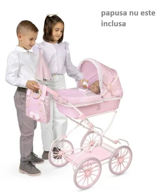 Carucior tip landou pentru papusi, stil vintage, cu accesorii complete si maner reglabil, colectia Sophie, Roz 2