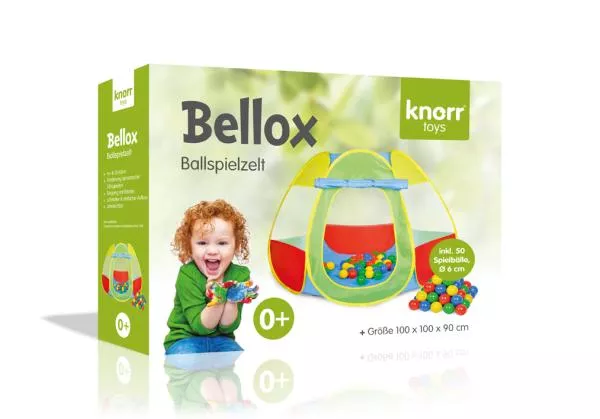 Casuta de joaca pentru copii, Knorr Toys, potrivit interior/exterior, include 50 bile asortate coloristic fara BPA, din tesatura de cort hidrofuga,  0 Luni+, Bellox 6