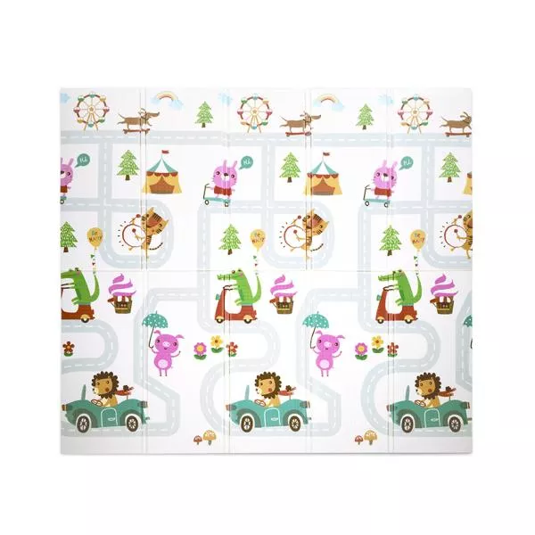Covoras de joaca termic pentru copii, din spuma XPE, design cu doua fete, pliabil, 180 x 200 cm, Wild Animals Avenue 2