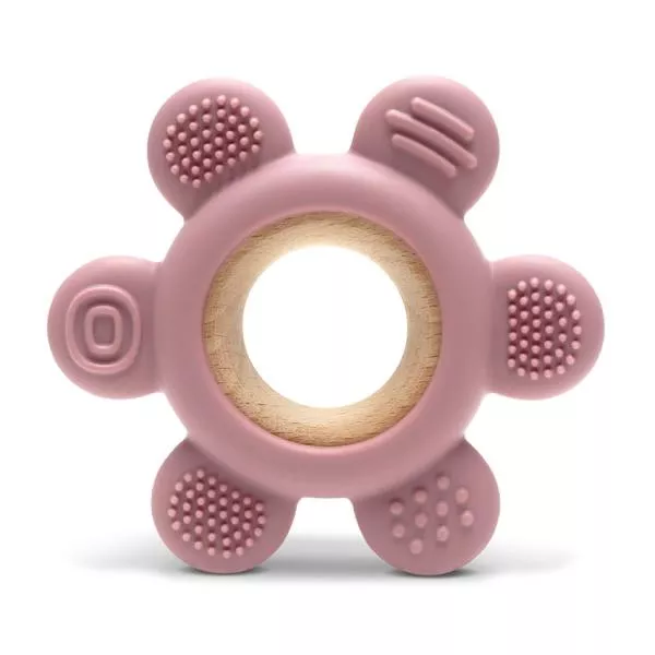 Jucarie de dentitie, din silicon si lemn de fag, 0 luni+, Flower Pink 1