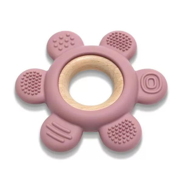 Jucarie de dentitie, din silicon si lemn de fag, 0 luni+, Flower Pink 2