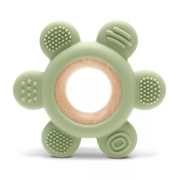 Jucarie de dentitie, din silicon si lemn de fag, 0 luni+, Flower Fresh Green 1
