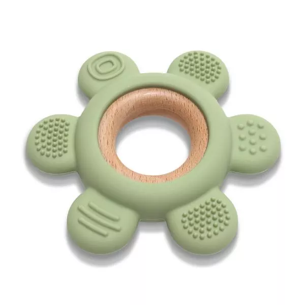 Jucarie de dentitie, din silicon si lemn de fag, 0 luni+, Flower Fresh Green 2