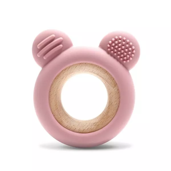 Jucarie de dentitie, din silicon si lemn de fag, 0 luni+, Bear Pink 1