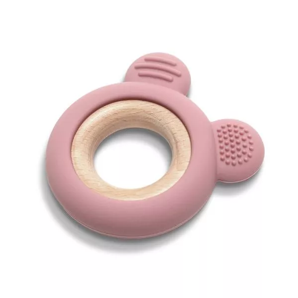 Jucarie de dentitie, din silicon si lemn de fag, 0 luni+, Bear Pink 2