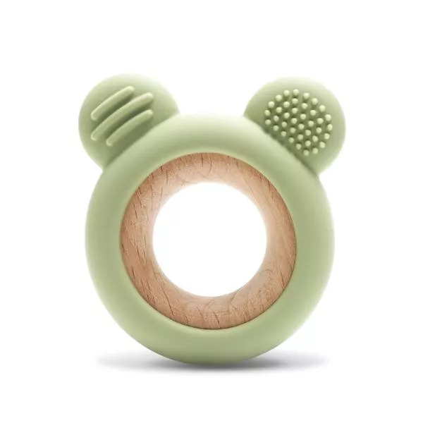 Jucarie de dentitie, din silicon si lemn de fag, 0 luni+, Bear Fresh Green 1