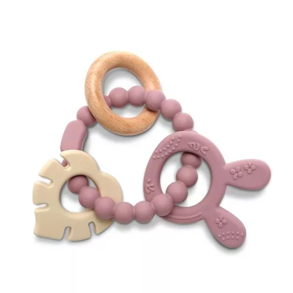 Jucarie de dentitie si zornaitoare, din silicon si lemn de fag, 0 luni+, Rabbit Pink 1