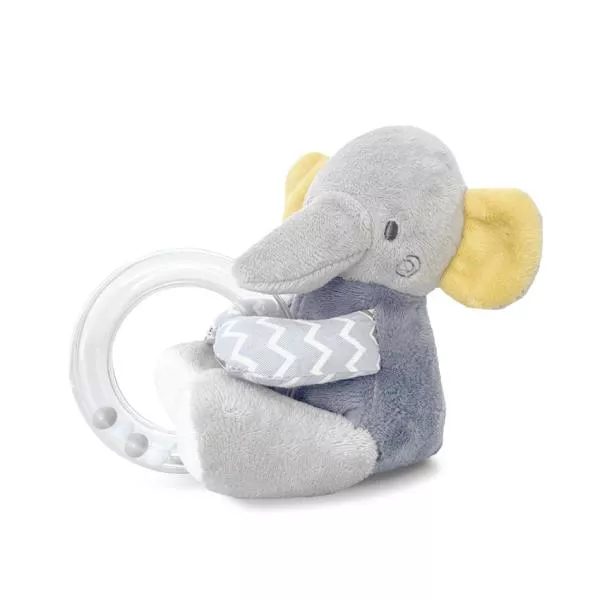 Jucarie de plus, Elefant gri, 11 cm, cu inel si bilute zornaitoare, 0 luni+ 1