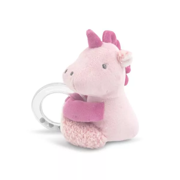Jucarie de plus, Unicorn roz, 11 cm, cu inel si bilute zornaitoare, 0 luni+ 1