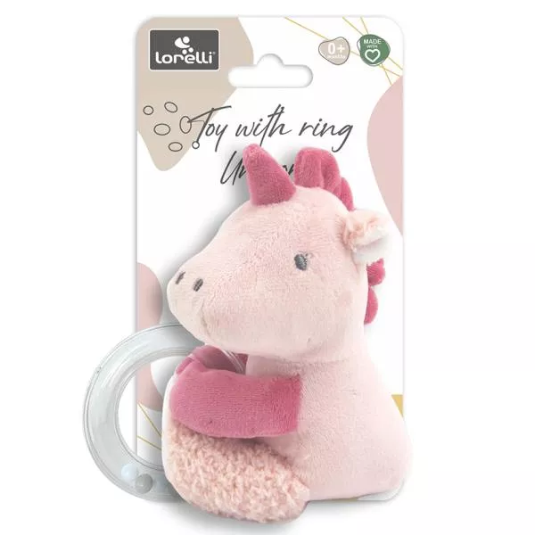 Jucarie de plus, Unicorn roz, 11 cm, cu inel si bilute zornaitoare, 0 luni+ 2