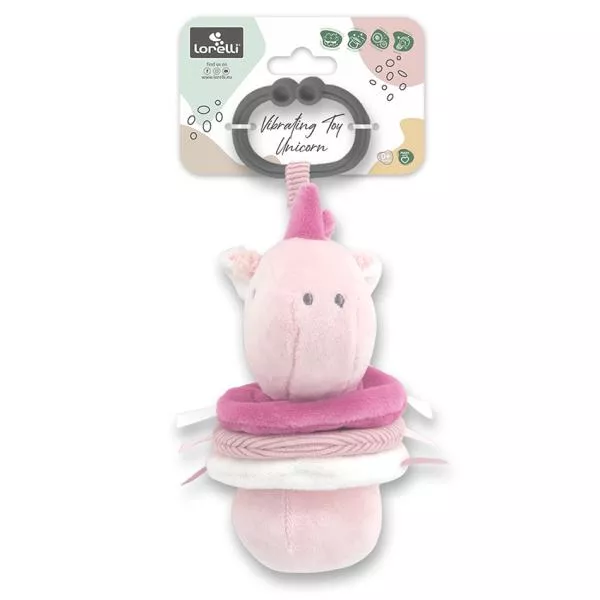 Jucarie de plus, Unicorn roz, 16 cm, cu vibratie, zornaitoare, 0 luni+ 2