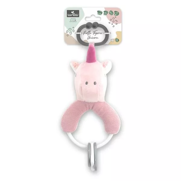 Jucarie de plus, Unicorn roz, 20 cm, cu forme geometrice zornaitoare, 0 luni+ 2