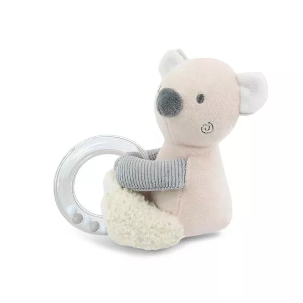 Jucarie de plus, Ursulet beige, 11 cm, cu inel si bilute zornaitoare, 0 luni+ 1